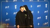 فرشته حسینی و نوید محمدزاده پیش از نمایش فیلم «دسته دختران» در برج میلاد
